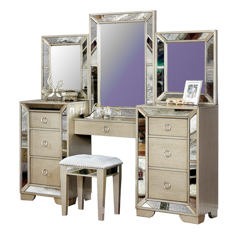 Wooden Vanity Set with Antique Mirror Details and Storage Drawers, Silver By Casagear Home