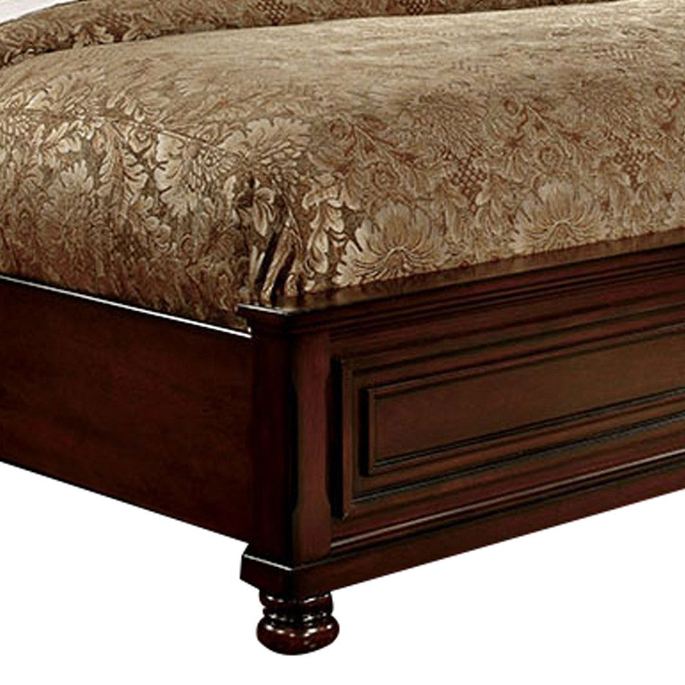 Wooden Queen Size Bed with Sleigh Headboard and Panel Design Cherry Brown By Casagear Home BM207625