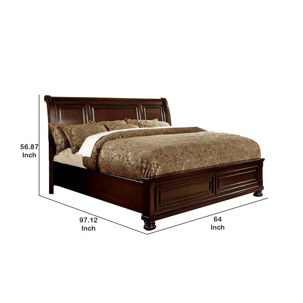 Wooden Queen Size Bed with Sleigh Headboard and Panel Design Cherry Brown By Casagear Home BM207625