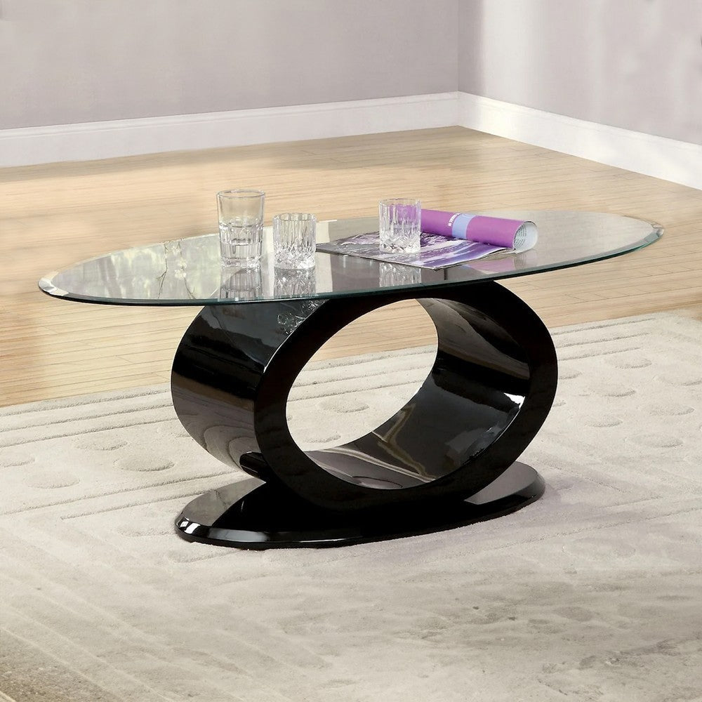 Contemporary Tempered Glass Top Coffee Table with O Shape Base Black By Casagear Home BM207643