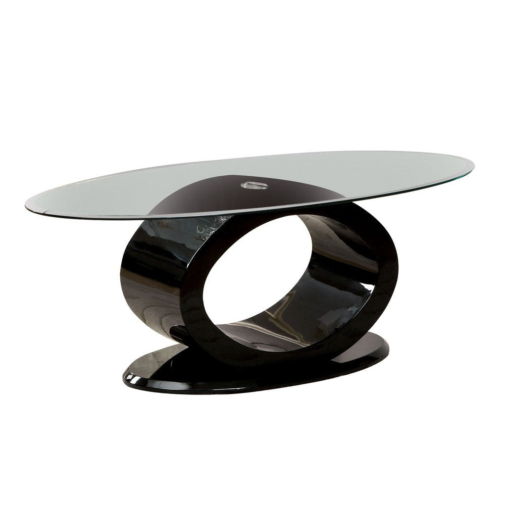 Contemporary Tempered Glass Top Coffee Table with O Shape Base, Black By Casagear Home