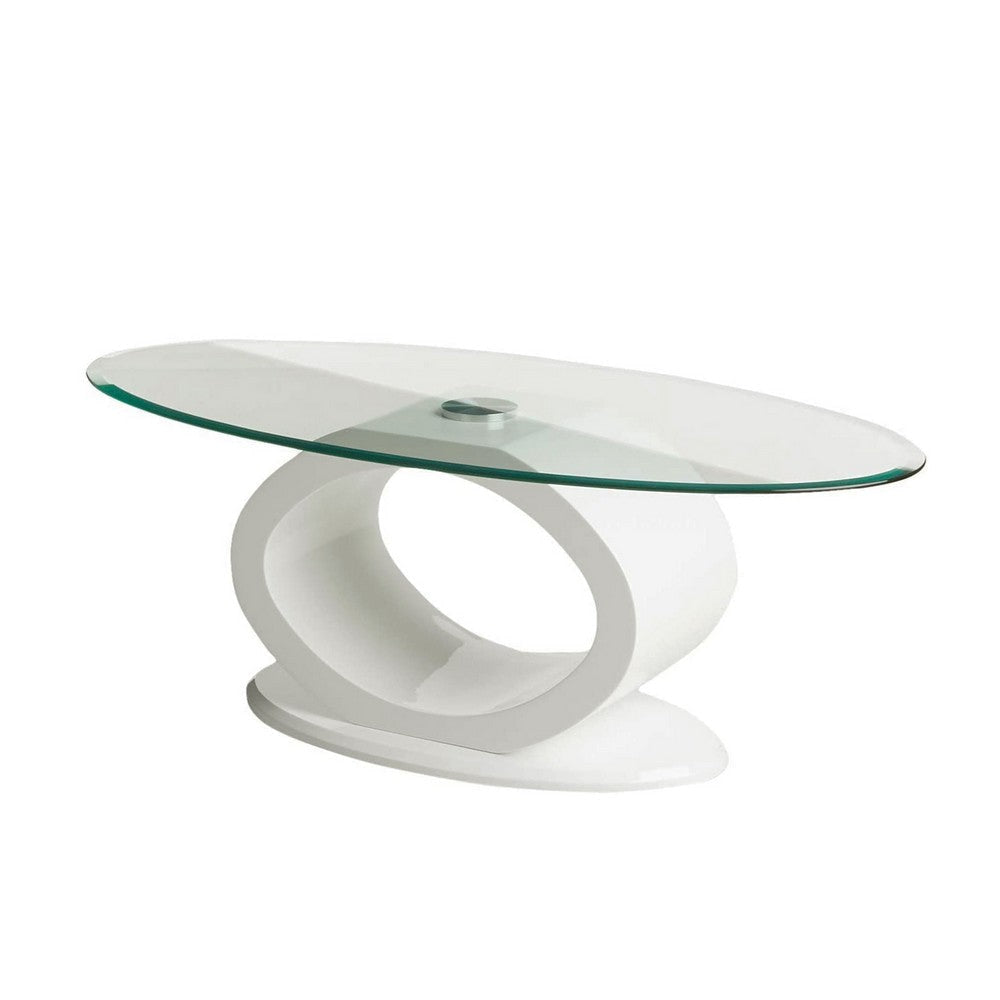 Contemporary Tempered Glass Top Coffee Table with O Shape Base, White By Casagear Home