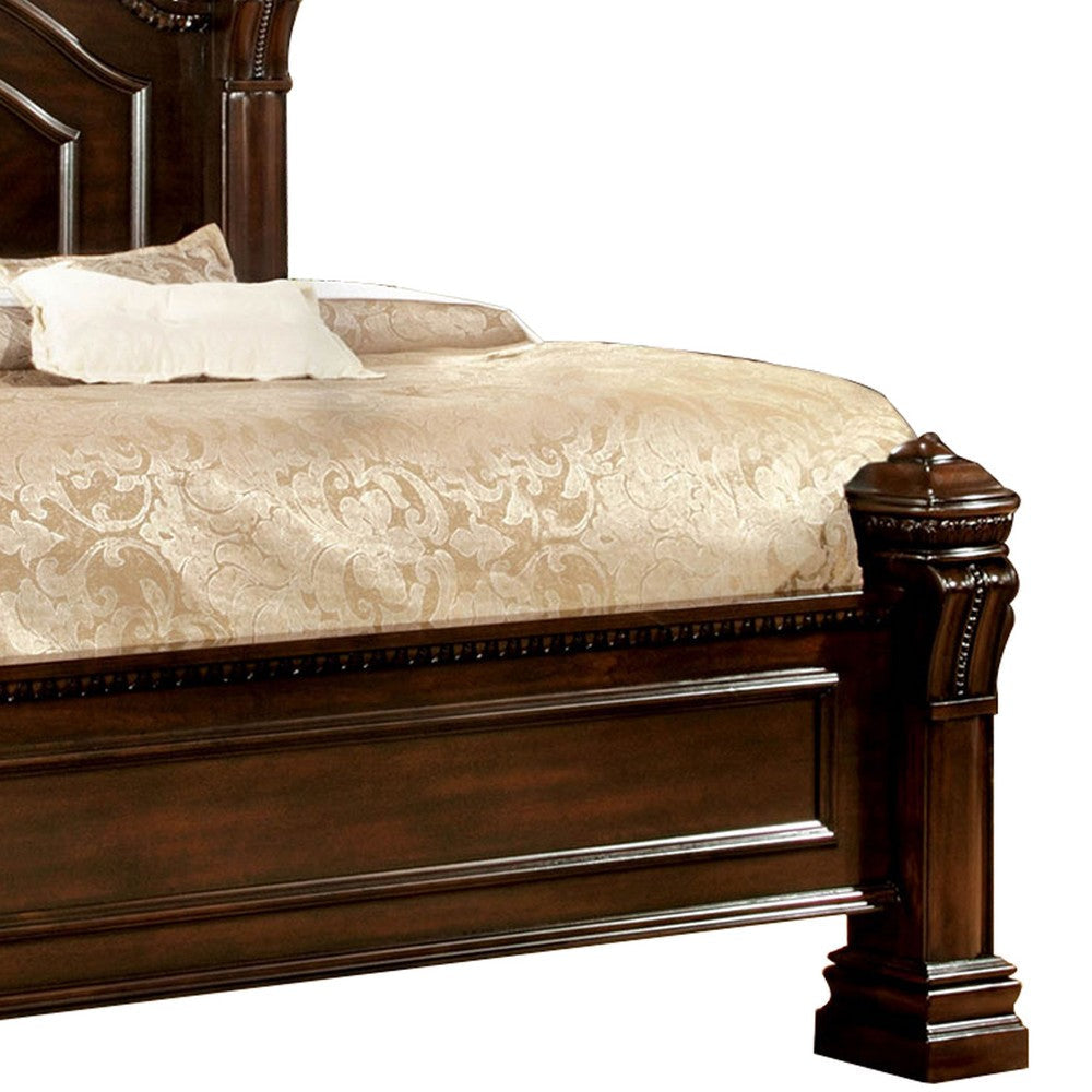 Wooden Queen Size Bed with Intricate Trimmed Headboard Brown By Casagear Home BM207647