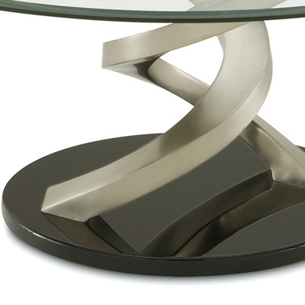 Coffee Table with Twisted Metal Base and Round Glass Top Silver and Black By Casagear Home BM207892