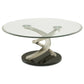 Coffee Table with Twisted Metal Base and Round Glass Top, Silver and Black By Casagear Home