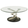 Coffee Table with Twisted Metal Base and Round Glass Top, Silver and Black By Casagear Home