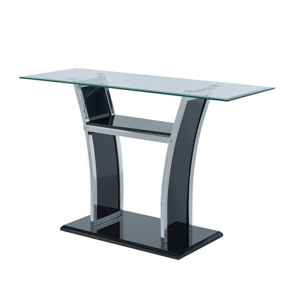 Sofa Table with Chrome Trimmed Curved Sides and Open Bottom Shelf, Black By Casagear Home