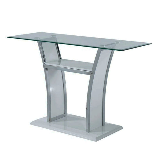 Sofa Table with Chrome Trimmed Curved Sides and Open Bottom Shelf, White By Casagear Home