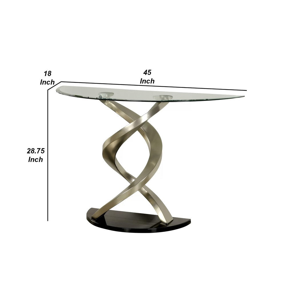 Sofa Table with Twisted Metal Base and Semi Circular Glass Top Silver By Casagear Home BM207905