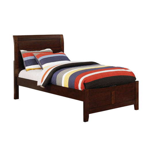 Transitional Sleigh Twin Bed with Plank Style Headboard, Cherry Brown By Casagear Home