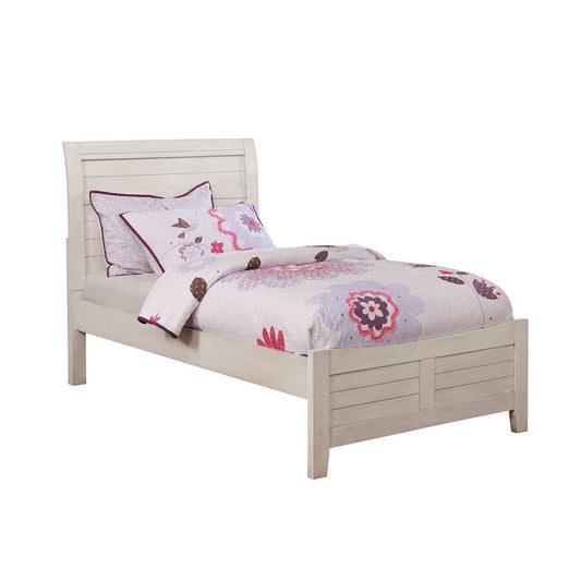 Transitional Sleigh Twin Bed with Plank Style Headboard, Antique White By Casagear Home