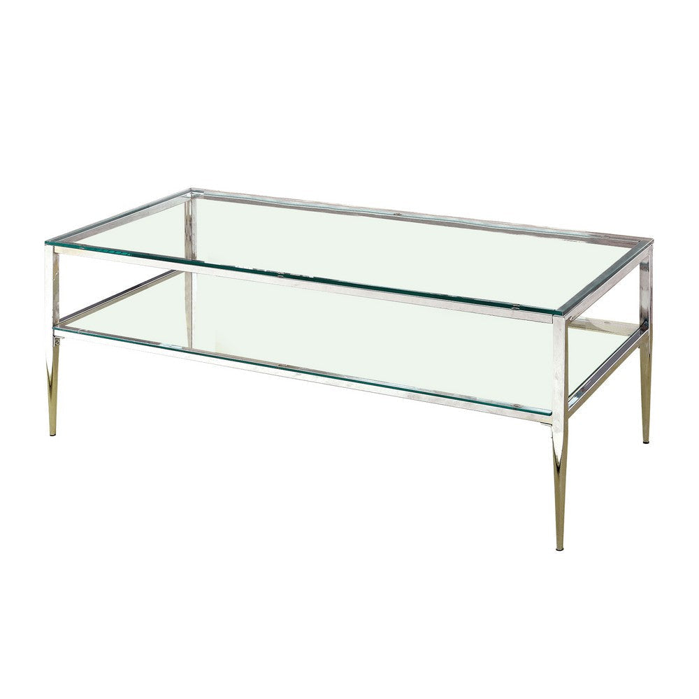 Coffee Table with Rectangular Glass Top and Tapered Legs, Silver and Clear By Casagear Home