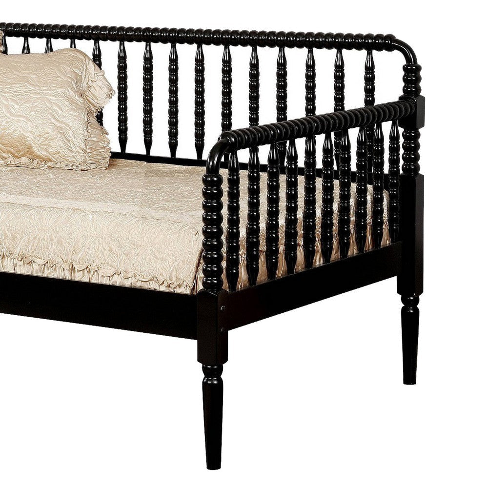 Wooden Twin Size Daybed with Spool Bed Frame and Railing Headboard Black By Casagear Home BM207957