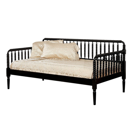 Wooden Twin Size Daybed with Spool Bed Frame and Railing Headboard, Black By Casagear Home