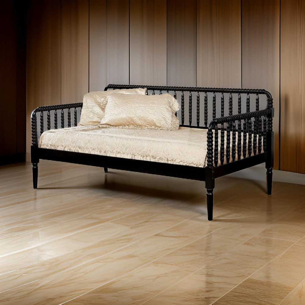 Wooden Twin Size Daybed with Spool Bed Frame and Railing Headboard Black By Casagear Home BM207957