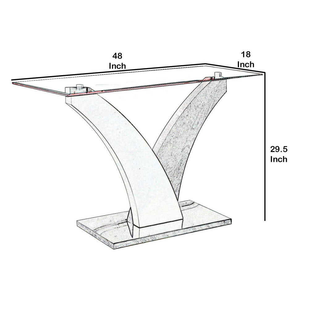 Sofa Table with Curved V Base and Rectangular Glass Top White and Gray By Casagear Home BM207979