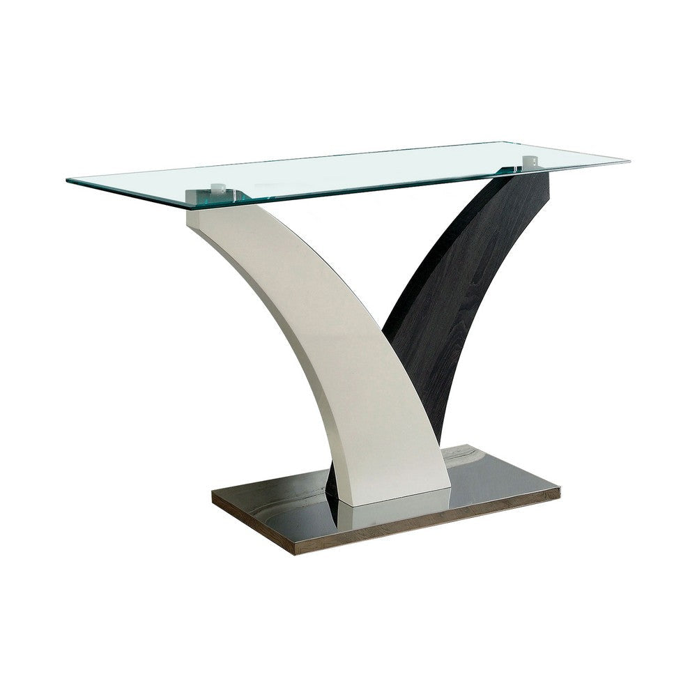 Sofa Table with Curved V Base and Rectangular Glass Top, White and Gray By Casagear Home