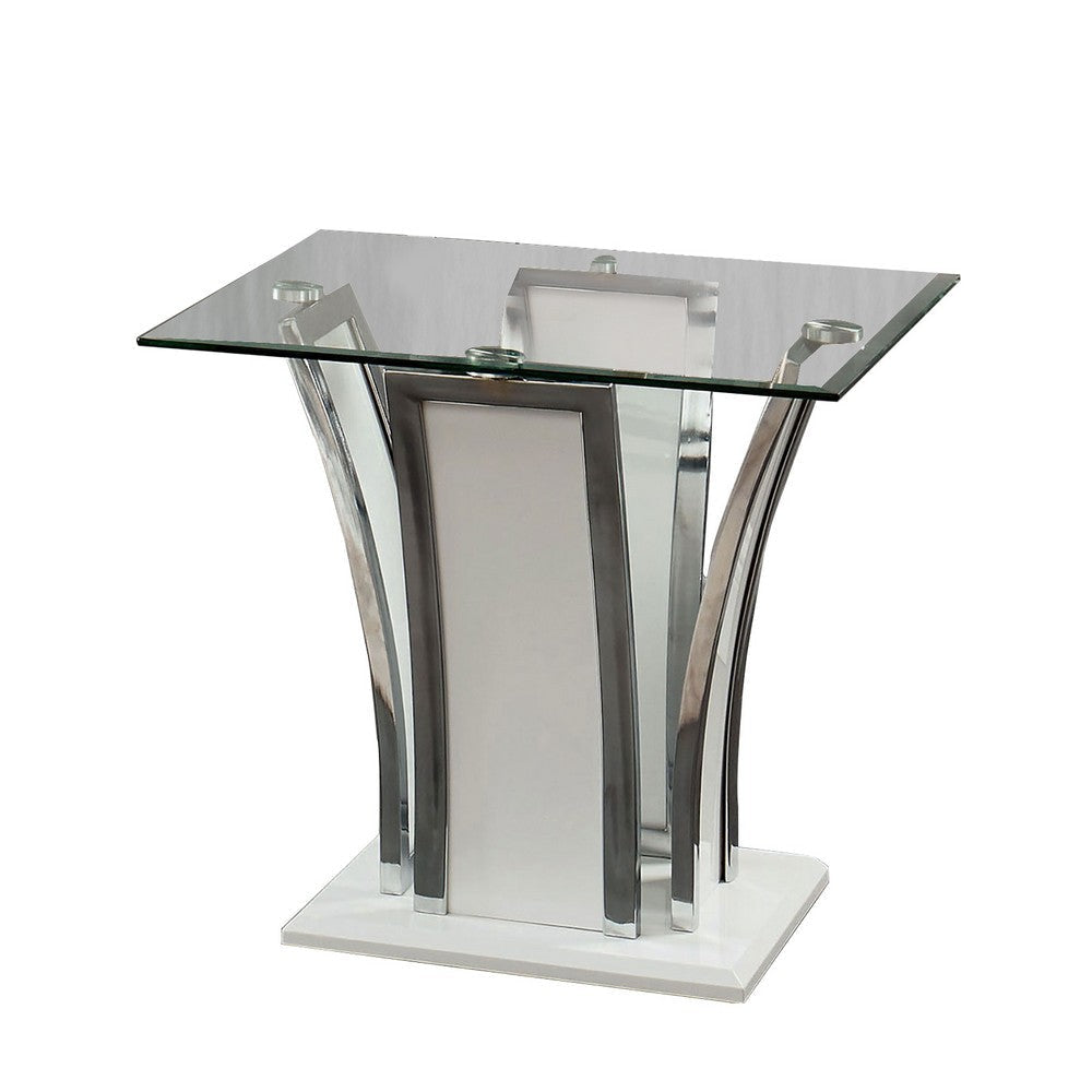 Chrome Trim Flared Base End Table with Glass Top, White and Silver By Casagear Home