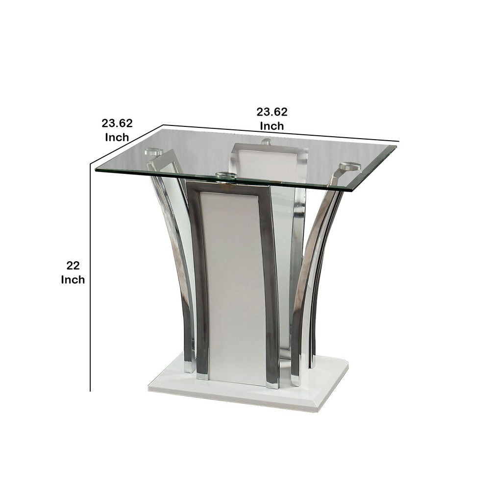 Chrome Trim Flared Base End Table with Glass Top White and Silver By Casagear Home BM208002