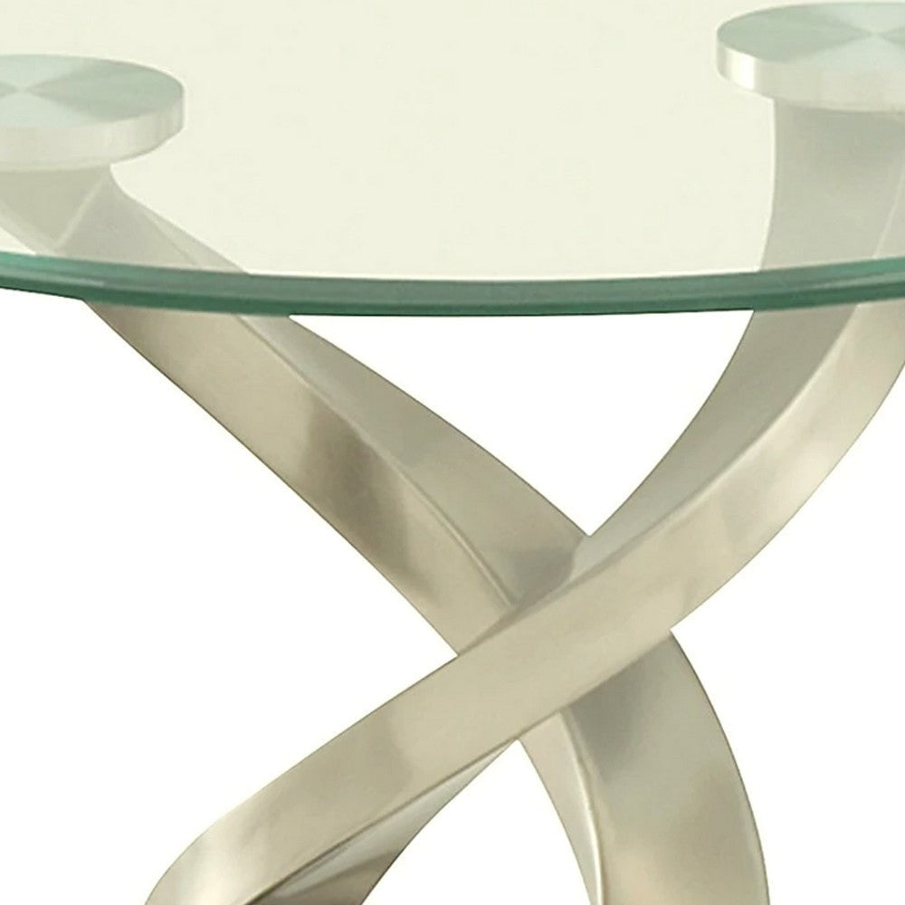 Modern Round Glass Top End Table with Twisted Metal Base Silver and Black By Casagear Home BM208005