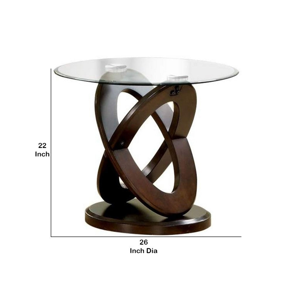 Cross Oval Base End Table with Round Glass Top Brown and Clear By Casagear Home BM208008