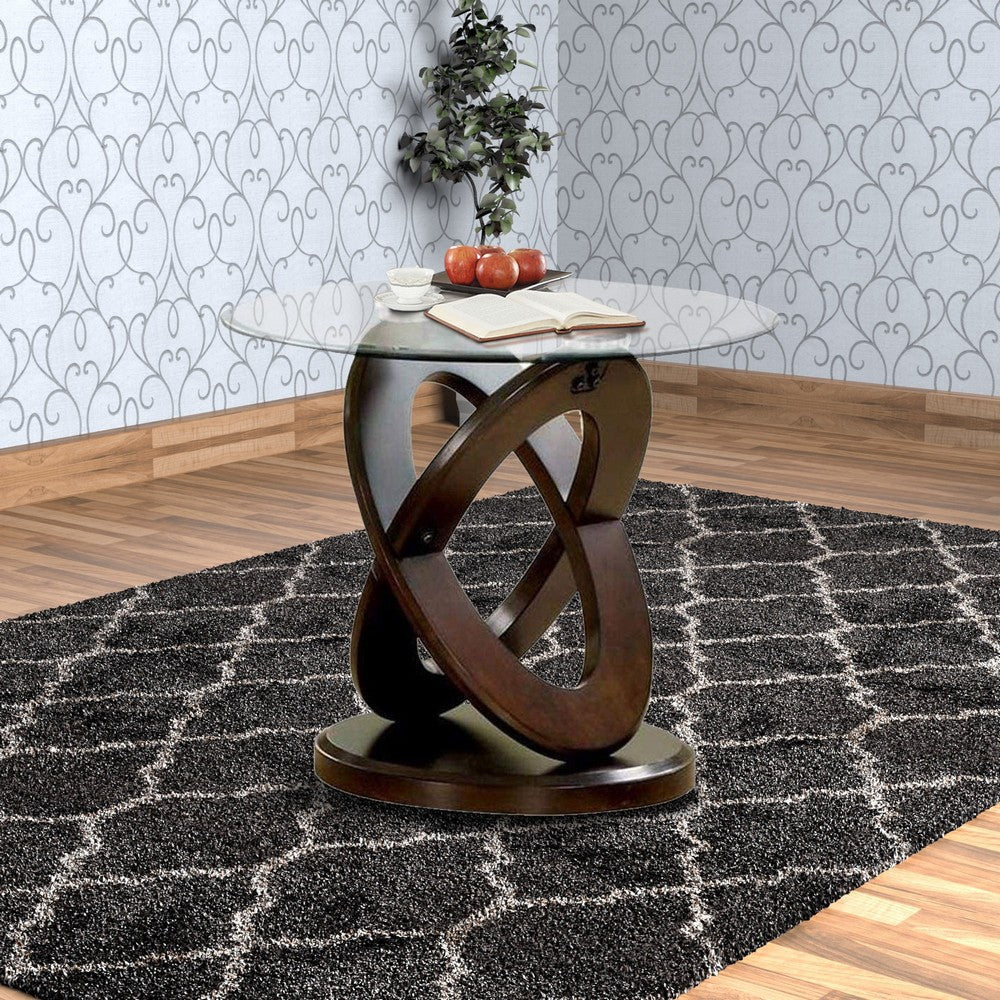 Cross Oval Base End Table with Round Glass Top Brown and Clear By Casagear Home BM208008