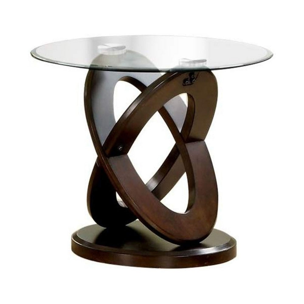 Cross Oval Base End Table with Round Glass Top, Brown and Clear By Casagear Home