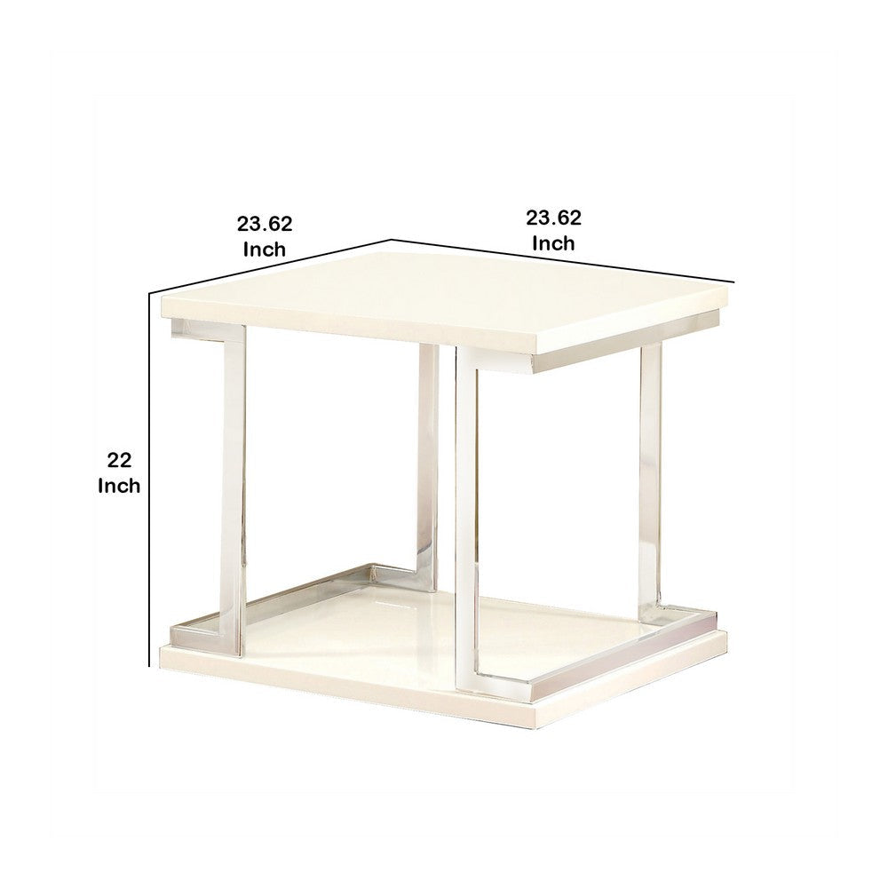 Contemporary End Table with C Shaped Metal Frame Silver and White By Casagear Home BM208032