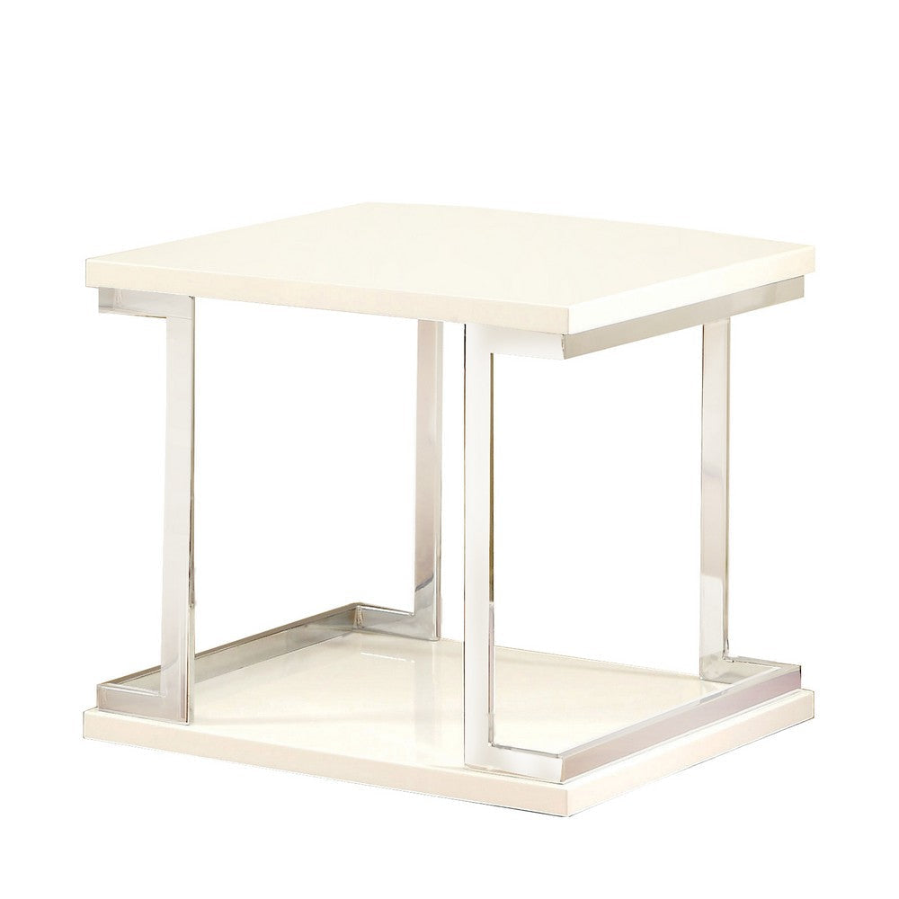 Contemporary End Table with C Shaped Metal Frame, Silver and White By Casagear Home