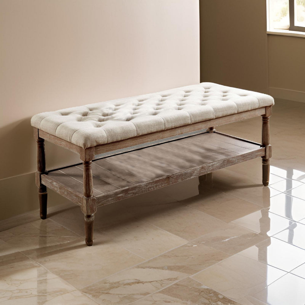 48’ Tufted Upholstered Bench with Bottom Shelf Beige and Brown By Casagear Home BM208033