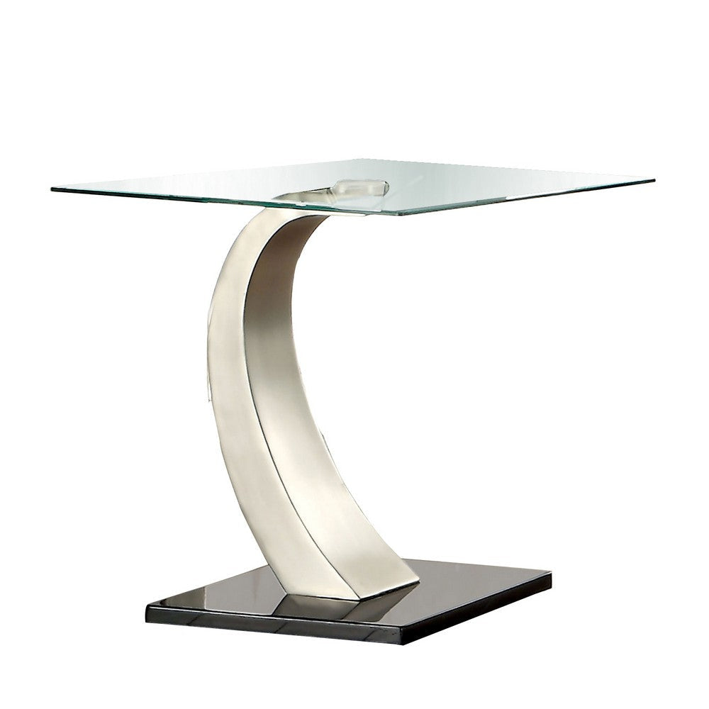 Glass Top End Table with Curved Pedestal Base, Black and Gray By Casagear Home