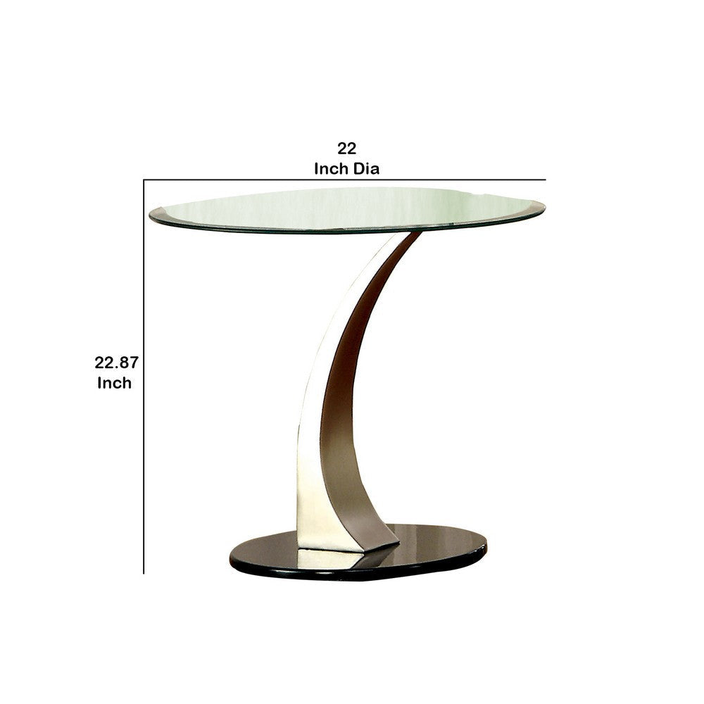 Round Glass Top End Table with Curved Pedestal Base Black and Silver By Casagear Home BM208057