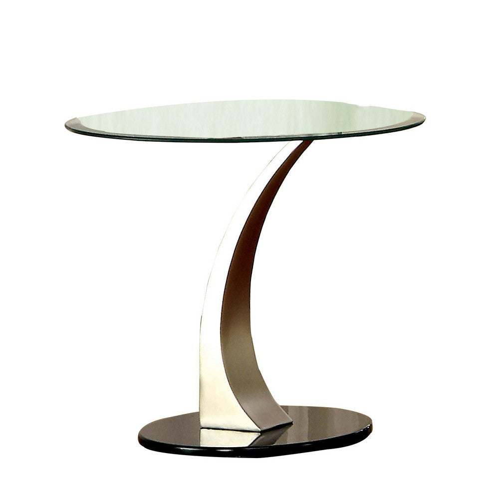 Round Glass Top End Table with Curved Pedestal Base, Black and Silver By Casagear Home