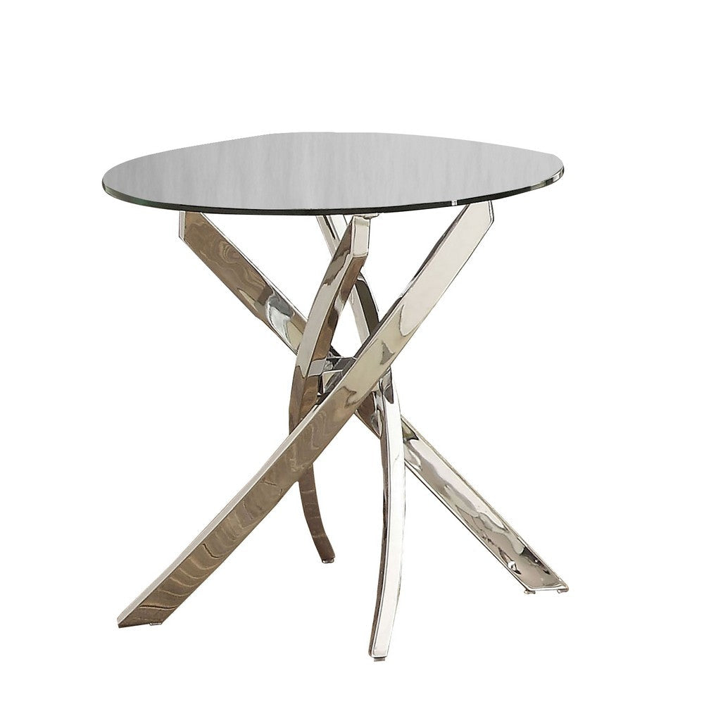 Round Glass Top End Table with Criss Cross Metal Base, Silver By Casagear Home