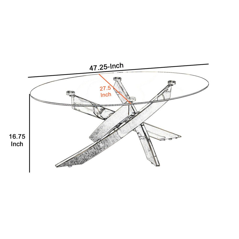 Oval Shape Glass Top Coffee Table with Criss Cross Base Silver and Clear By Casagear Home BM208078