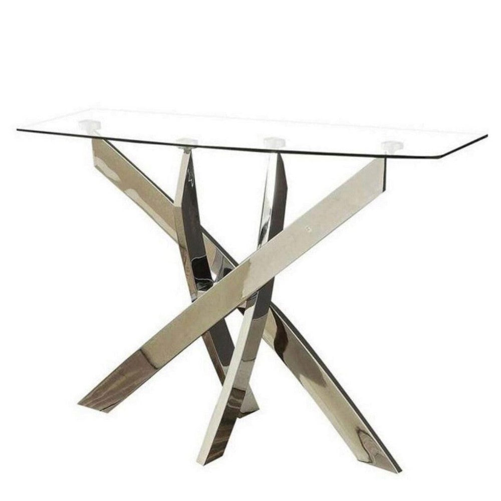 Rectangular Glass Top Sofa Table with Criss Cross Base, Silver and Clear By Casagear Home