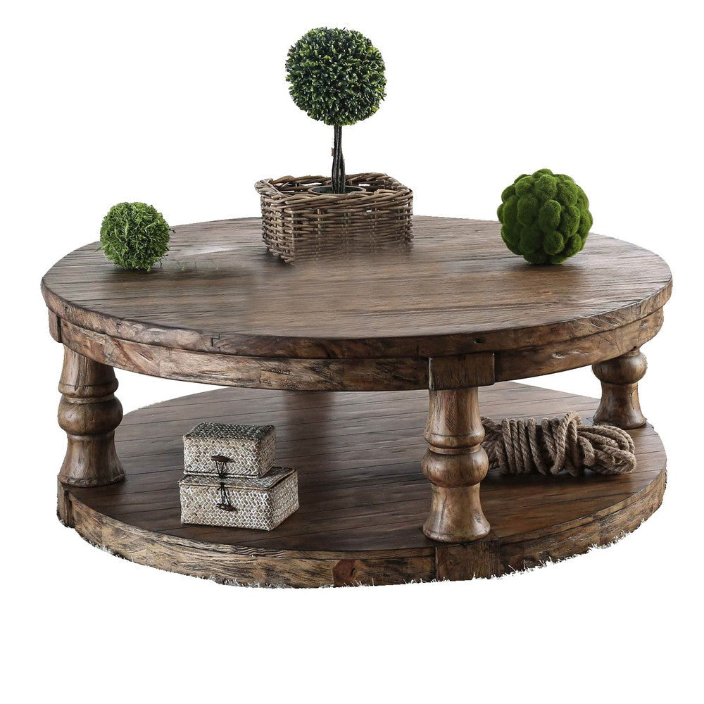 Transitional Round Coffee Table with Open Shelf and Turned Legs,Antique Oak By Casagear Home