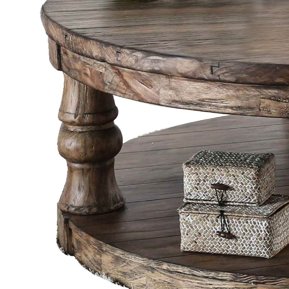 Transitional Round Coffee Table with Open Shelf and Turned Legs,Antique Oak By Casagear Home BM208117