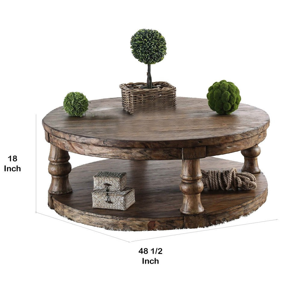 Transitional Round Coffee Table with Open Shelf and Turned Legs,Antique Oak By Casagear Home BM208117