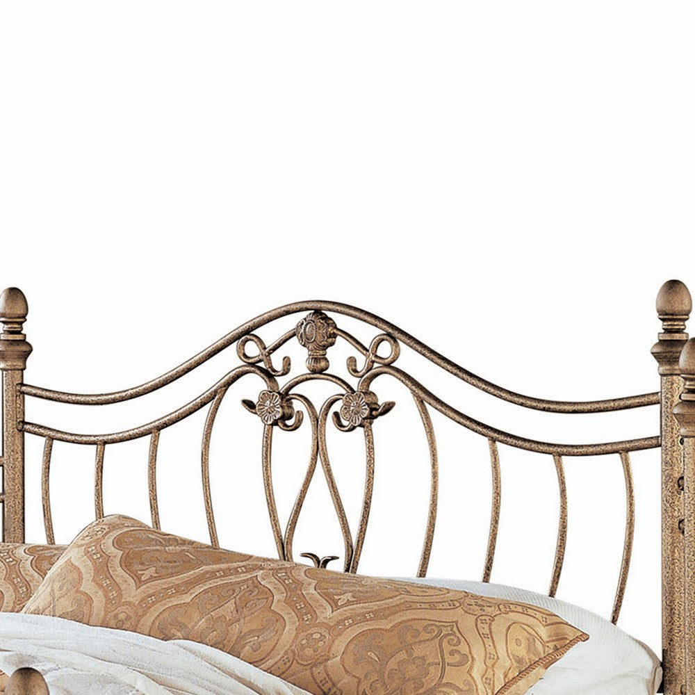 Metal Queen Headboard and Footboard with Swirling Floral Motifs Antique Gold By Casagear Home BM208148