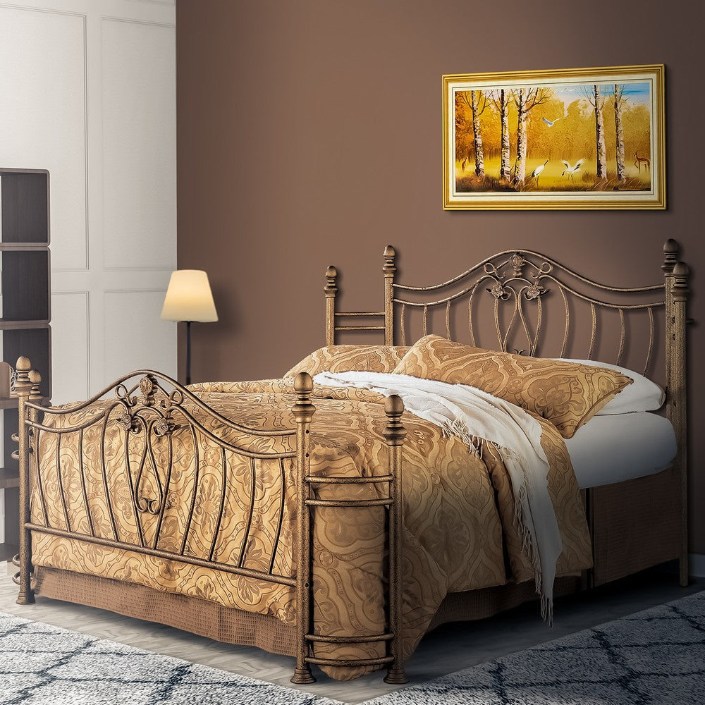 Metal Queen Headboard and Footboard with Swirling Floral Motifs Antique Gold By Casagear Home BM208148