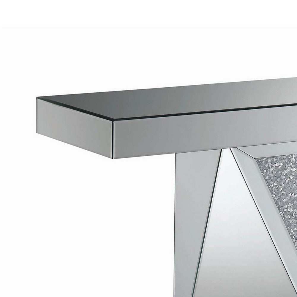 47 Inch Sofa Table Mirrored Triangular Encrusted Crystal Accents Silver By Casagear Home BM208528