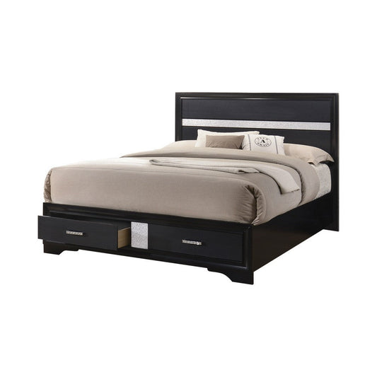 Transitional 2 Drawer Wooden Queen Size Bed with Glitter Stripe, Black By Casagear Home