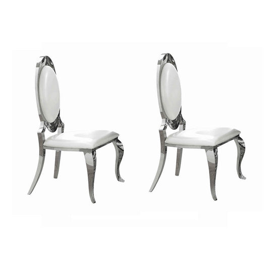 Metal Armless Dining Chair with Oval Padded Back, Set of 2,Silver and White By Casagear Home