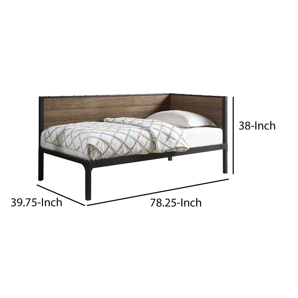 Industrial Metal Twin Size Daybed with Wooden Side Panels Brown and Black By Casagear Home BM208565