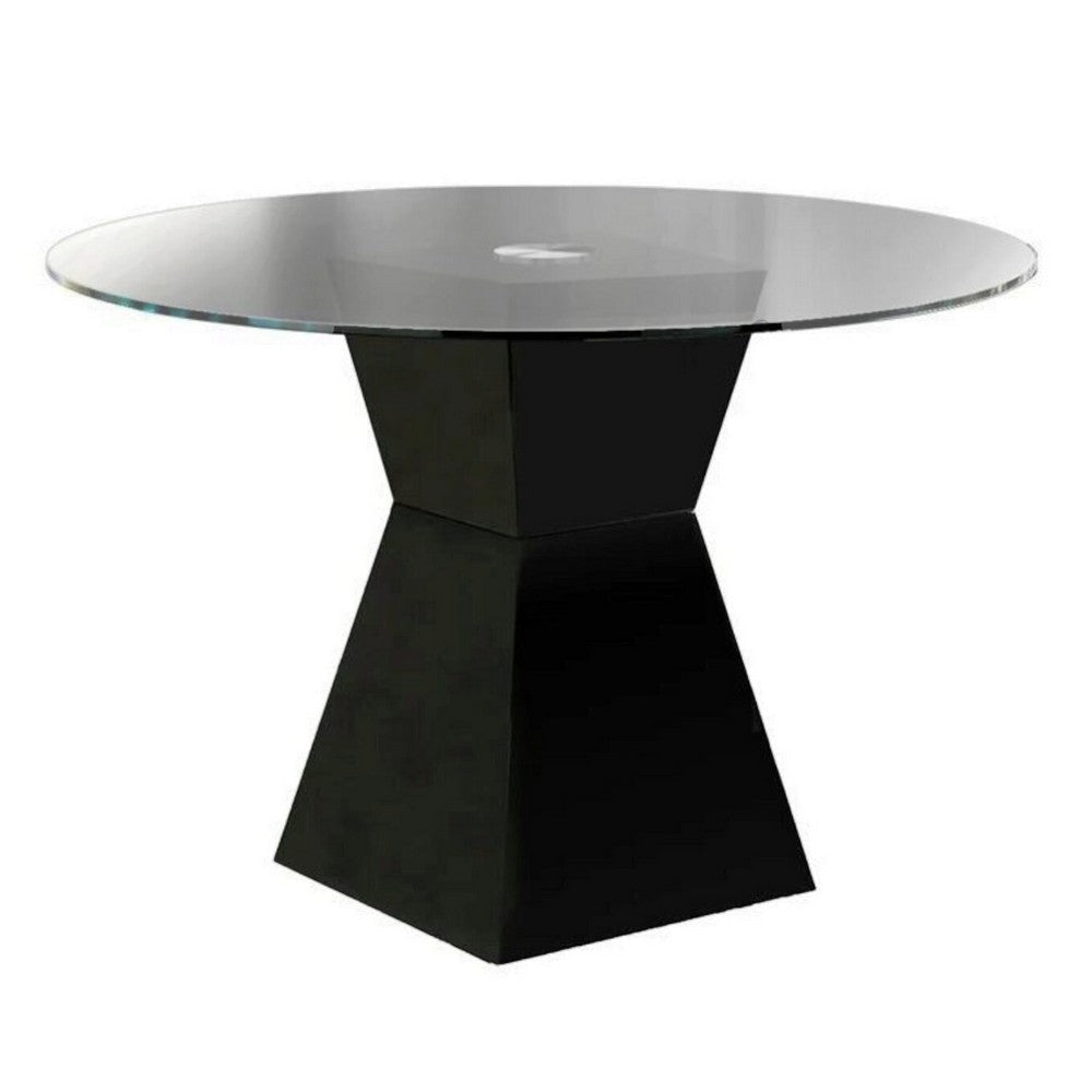 Contemporary Round Glass Dining Table with Square Pedestal Base, Black By Casagear Home