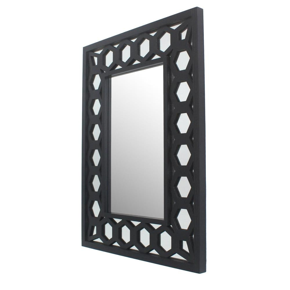 Rectangular Wooden Dressing Mirror with Lattice Pattern Design, Black By Casagear Home