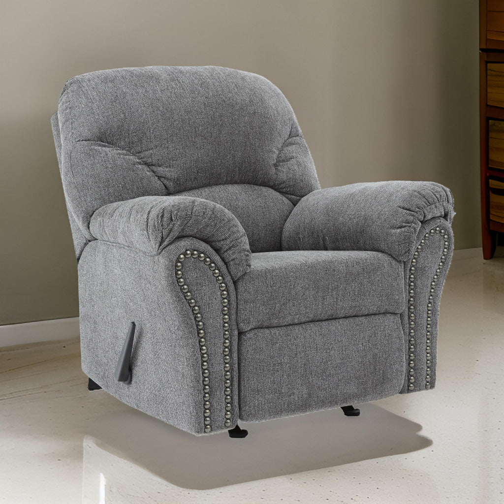 Nickel Nailhead Trim Fabric Upholstered Rocker Recliner, Gray By Casagear Home