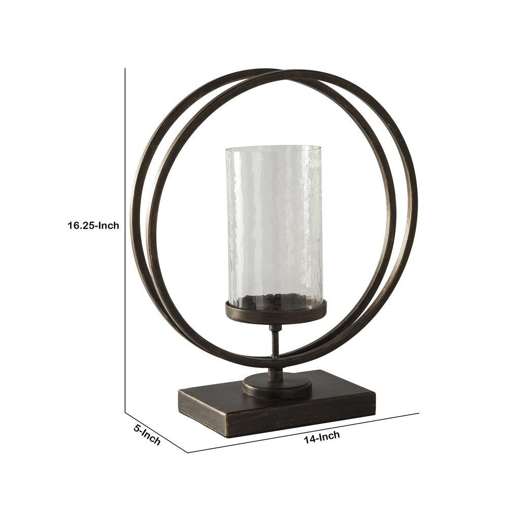 Round Metal Candle Holder with Rectangular Base Brown and Clear By Casagear Home BM209414