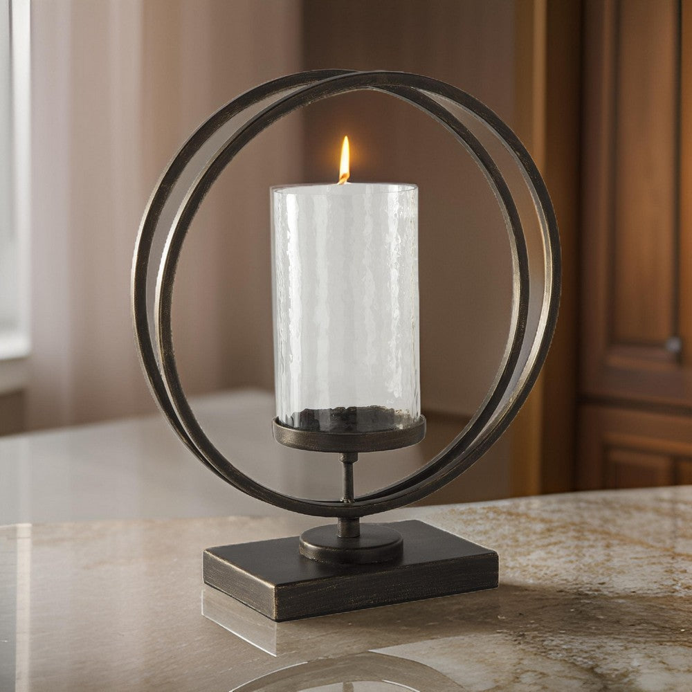 Round Metal Candle Holder with Rectangular Base, Brown and Clear By Casagear Home